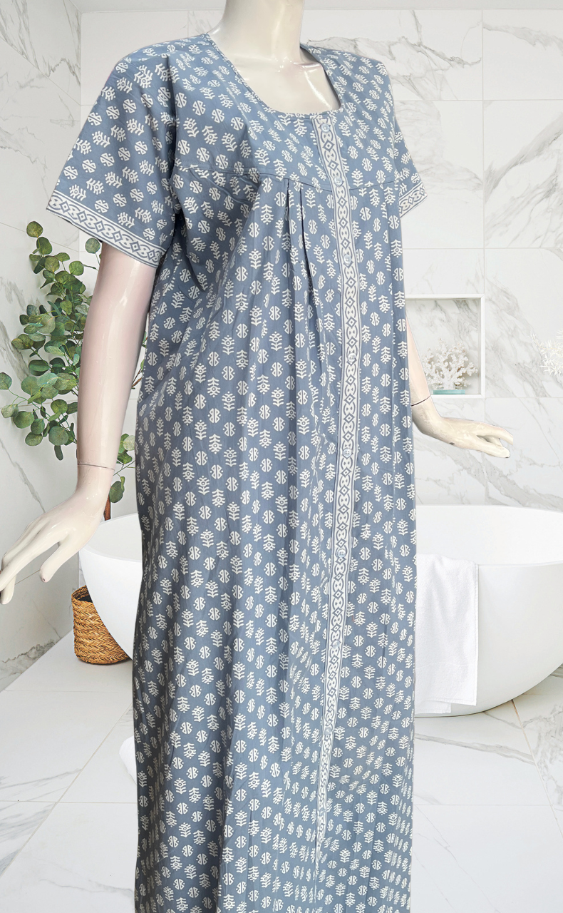 Light Blue Abstract Full Open Pure Cotton Nighty. Pure Cotton | Laces and Frills