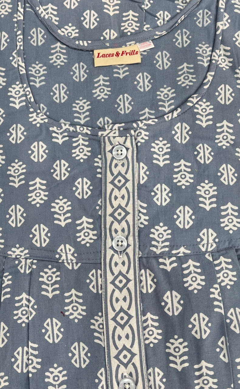 Light Blue Abstract Full Open Pure Cotton Nighty. Pure Cotton | Laces and Frills