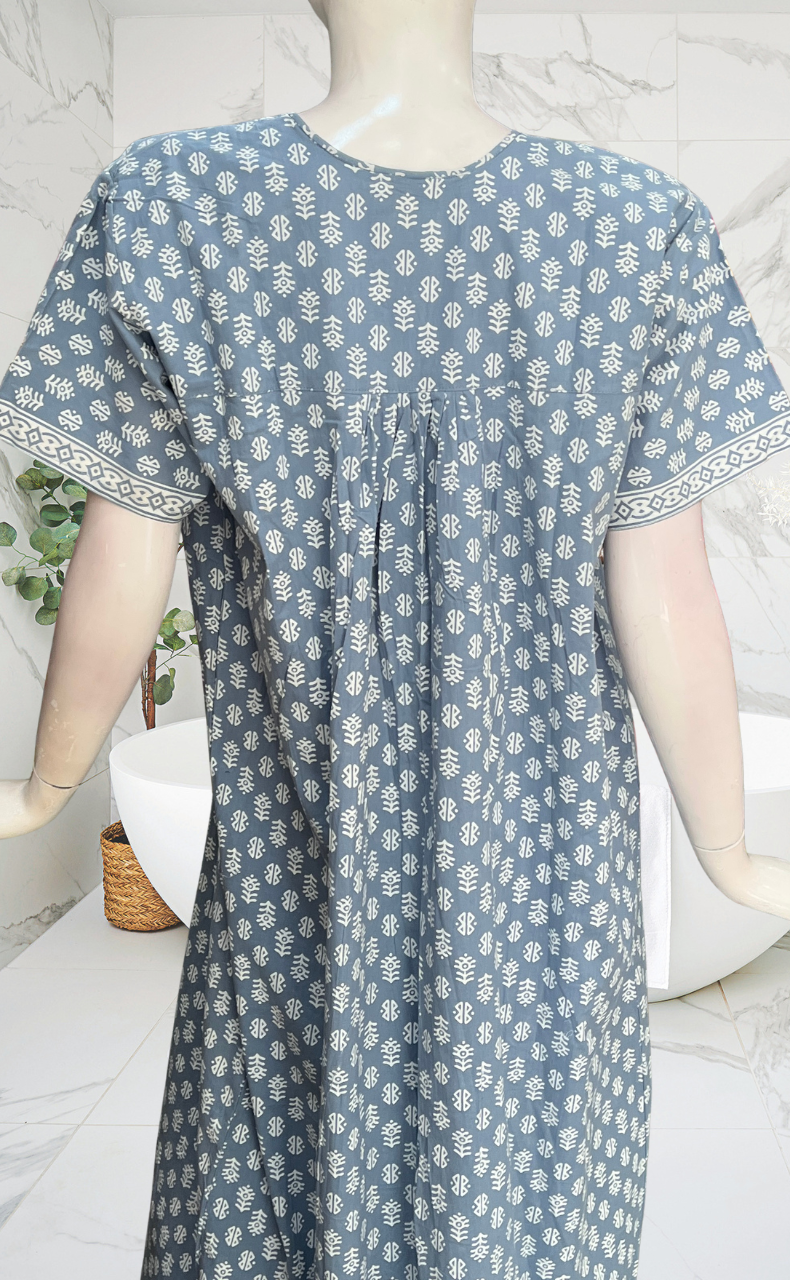 Light Blue Abstract Full Open Pure Cotton Nighty. Pure Cotton | Laces and Frills
