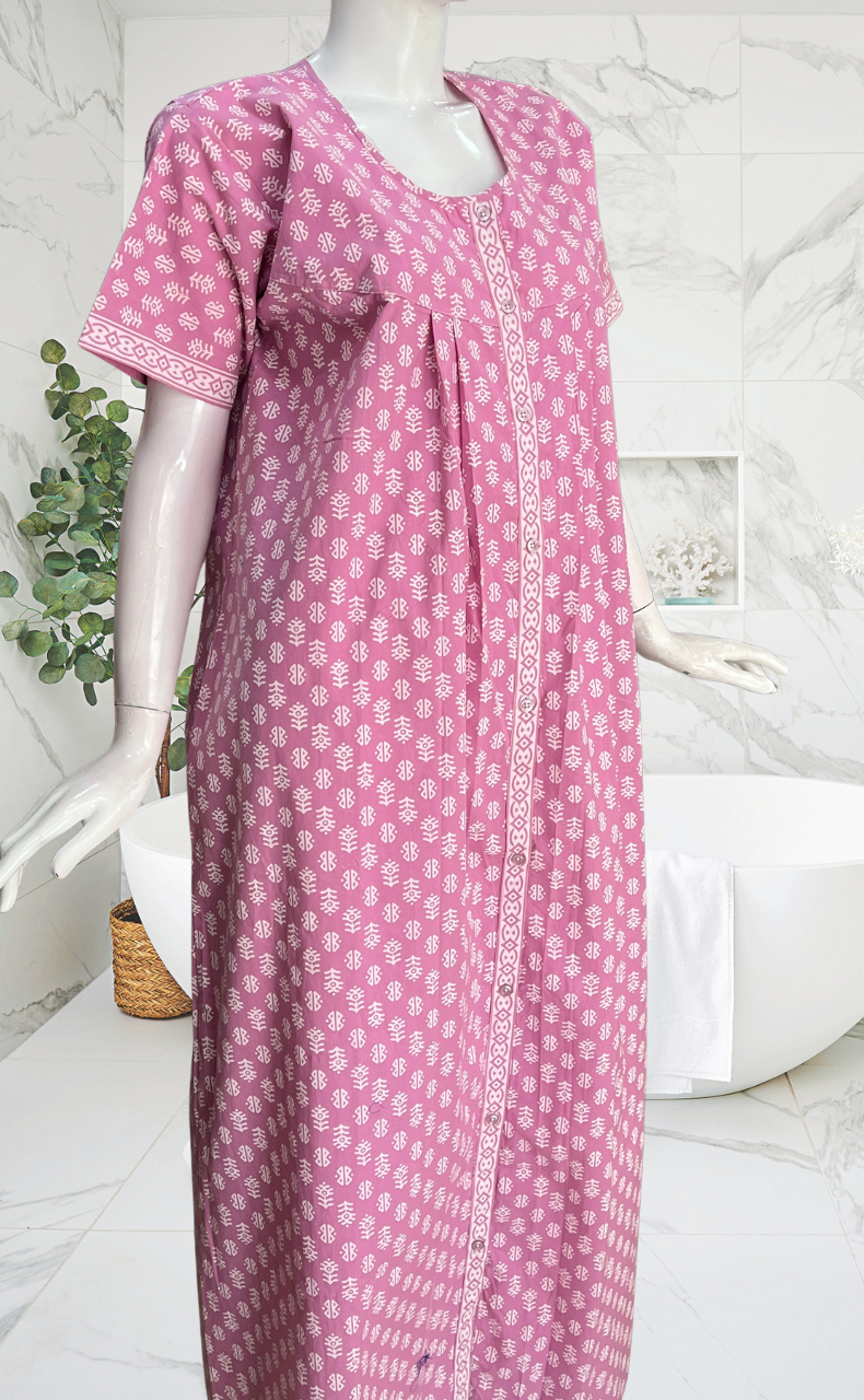 Lavender Abstract Full Open Pure Cotton Nighty. Pure Cotton | Laces and Frills