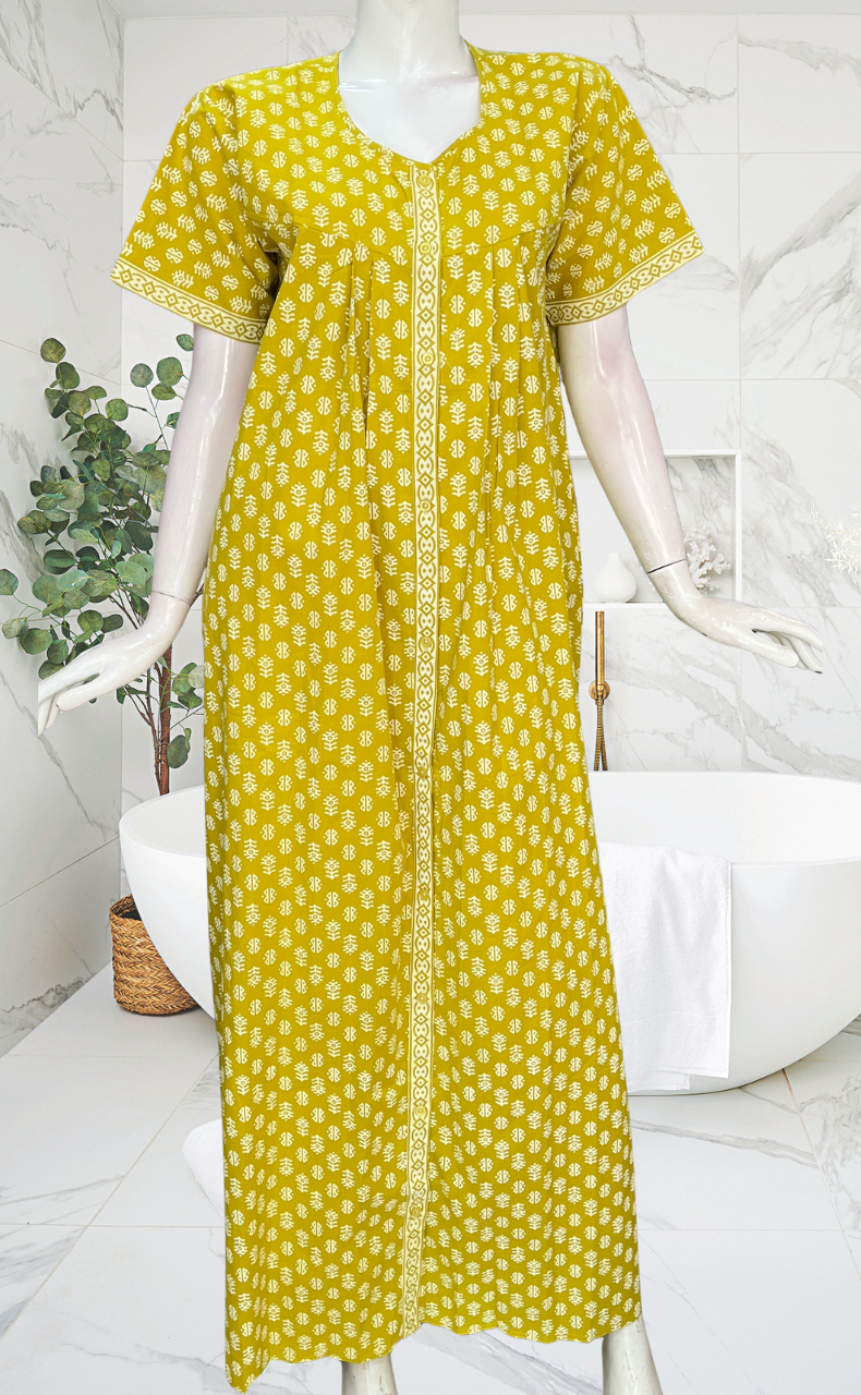 Lime Green Abstract Full Open Pure Cotton Nighty. Pure Cotton | Laces and Frills