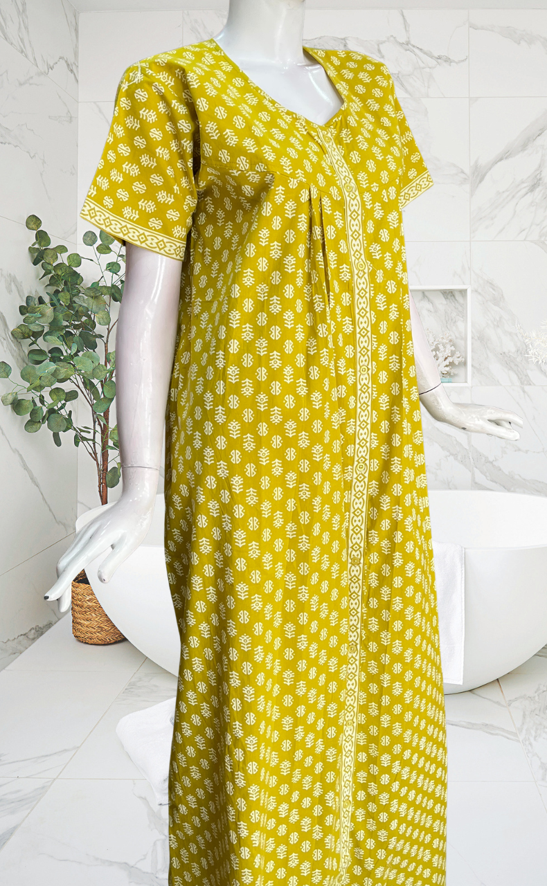 Lime Green Abstract Full Open Pure Cotton Nighty. Pure Cotton | Laces and Frills