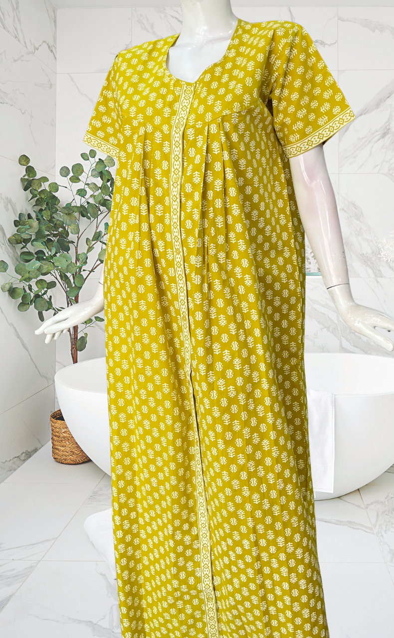 Lime Green Abstract Full Open Pure Cotton Nighty. Pure Cotton | Laces and Frills