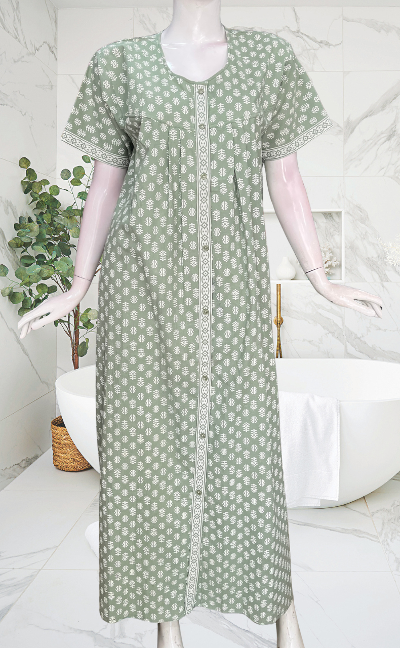 Pista Green Abstract Full Open Pure Cotton Nighty. Pure Cotton | Laces and Frills