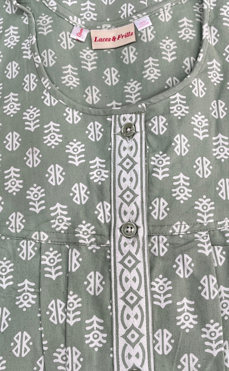 Pista Green Abstract Full Open Pure Cotton Nighty. Pure Cotton | Laces and Frills
