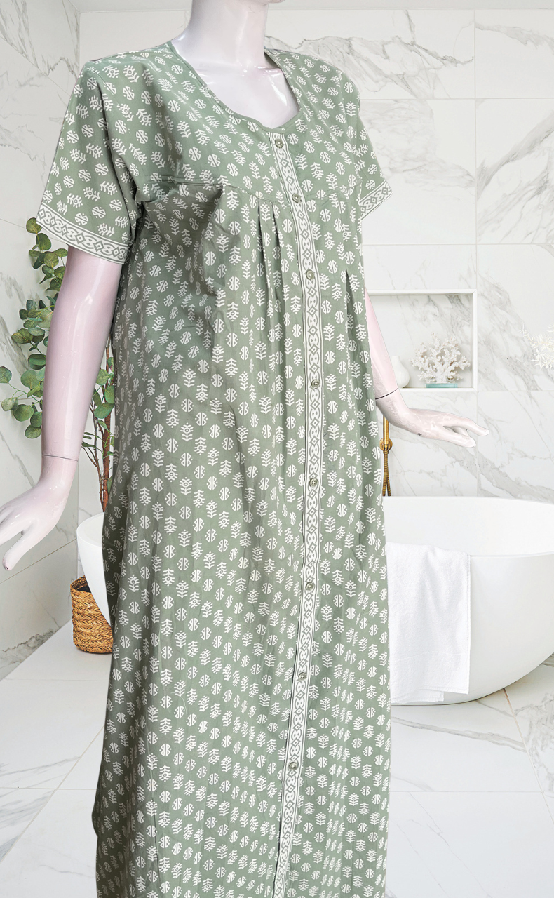 Pista Green Abstract Full Open Pure Cotton Nighty. Pure Cotton | Laces and Frills