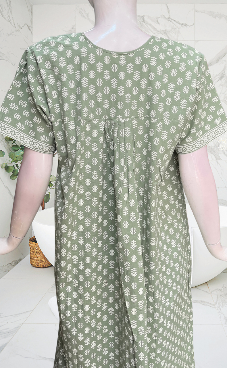 Pista Green Abstract Full Open Pure Cotton Nighty. Pure Cotton | Laces and Frills