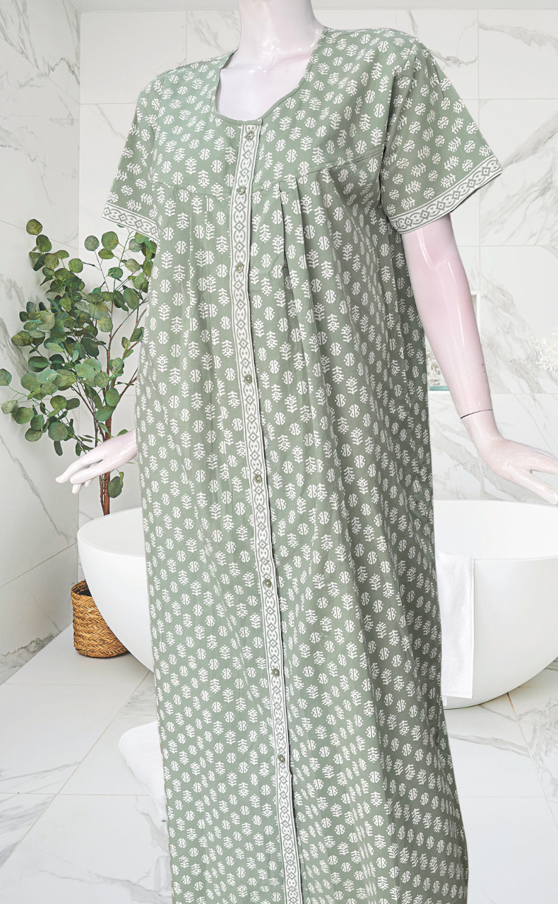 Pista Green Abstract Full Open Pure Cotton Nighty. Pure Cotton | Laces and Frills