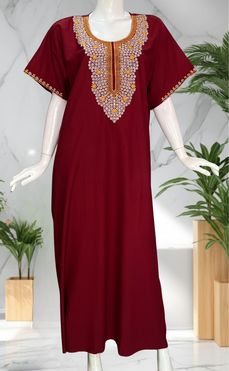 Maroon Embroidery Soft Cotton Nighty. Soft Breathable Fabric | Laces and Frills