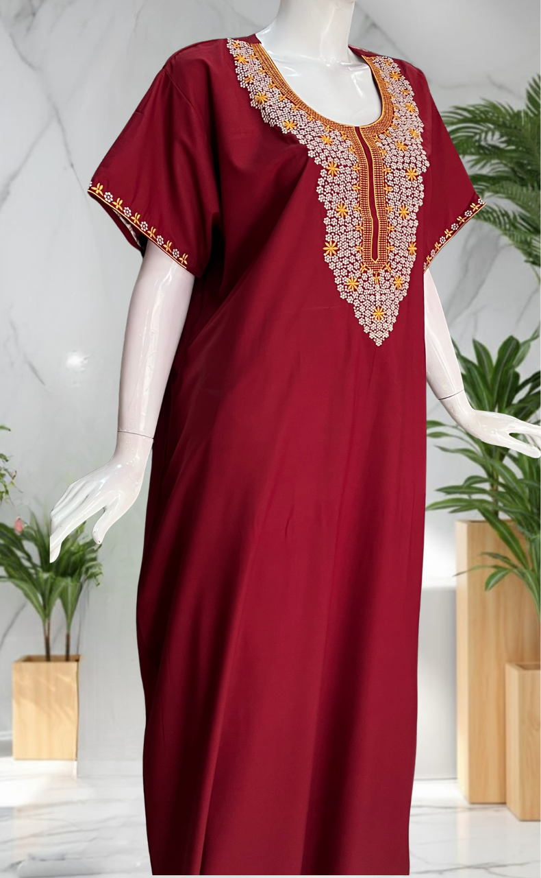 Maroon Embroidery Soft Cotton Nighty. Soft Breathable Fabric | Laces and Frills