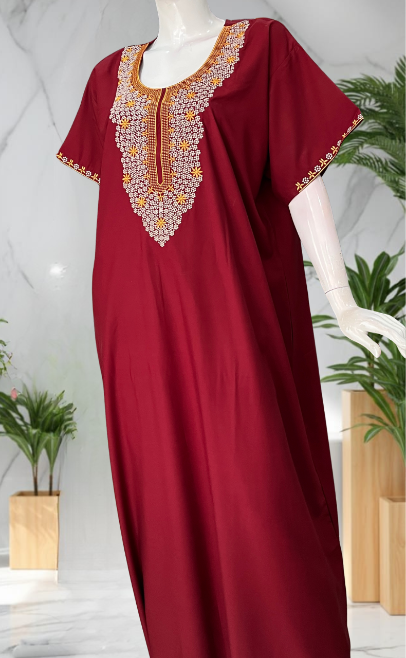 Maroon Embroidery Soft Cotton Nighty. Soft Breathable Fabric | Laces and Frills