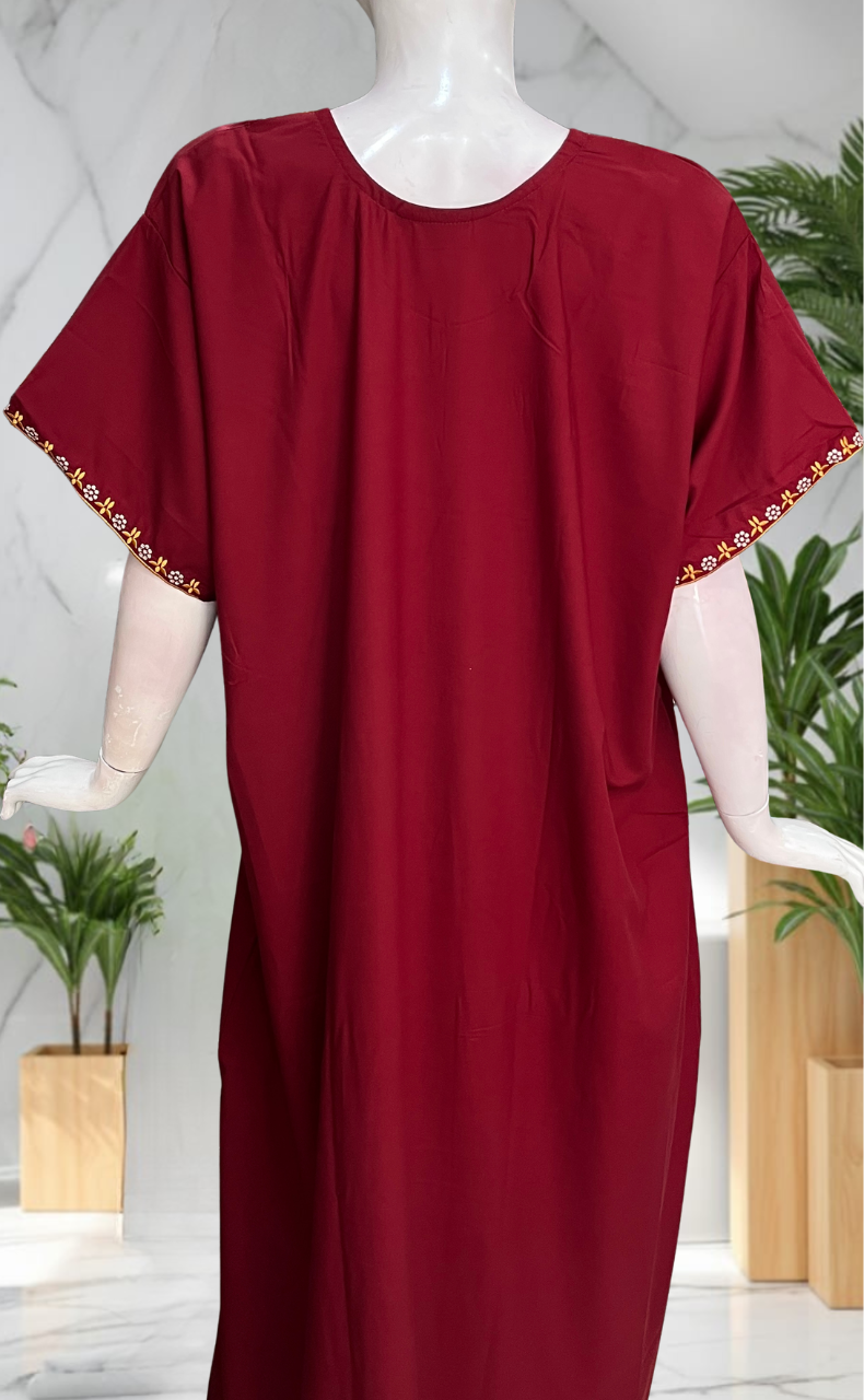 Maroon Embroidery Soft Cotton Nighty. Soft Breathable Fabric | Laces and Frills