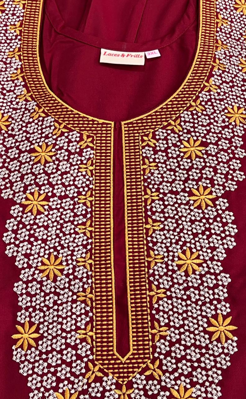 Maroon Embroidery Soft Cotton Nighty. Soft Breathable Fabric | Laces and Frills