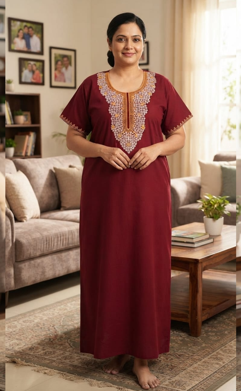 Maroon Embroidery Soft Cotton Nighty. Soft Breathable Fabric | Laces and Frills