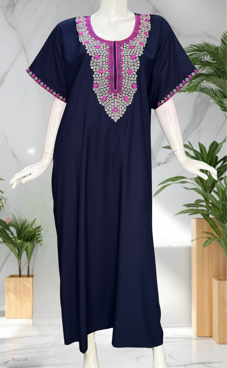 Navy Blue Embroidery Soft Cotton Nighty. Soft Breathable Fabric | Laces and Frills