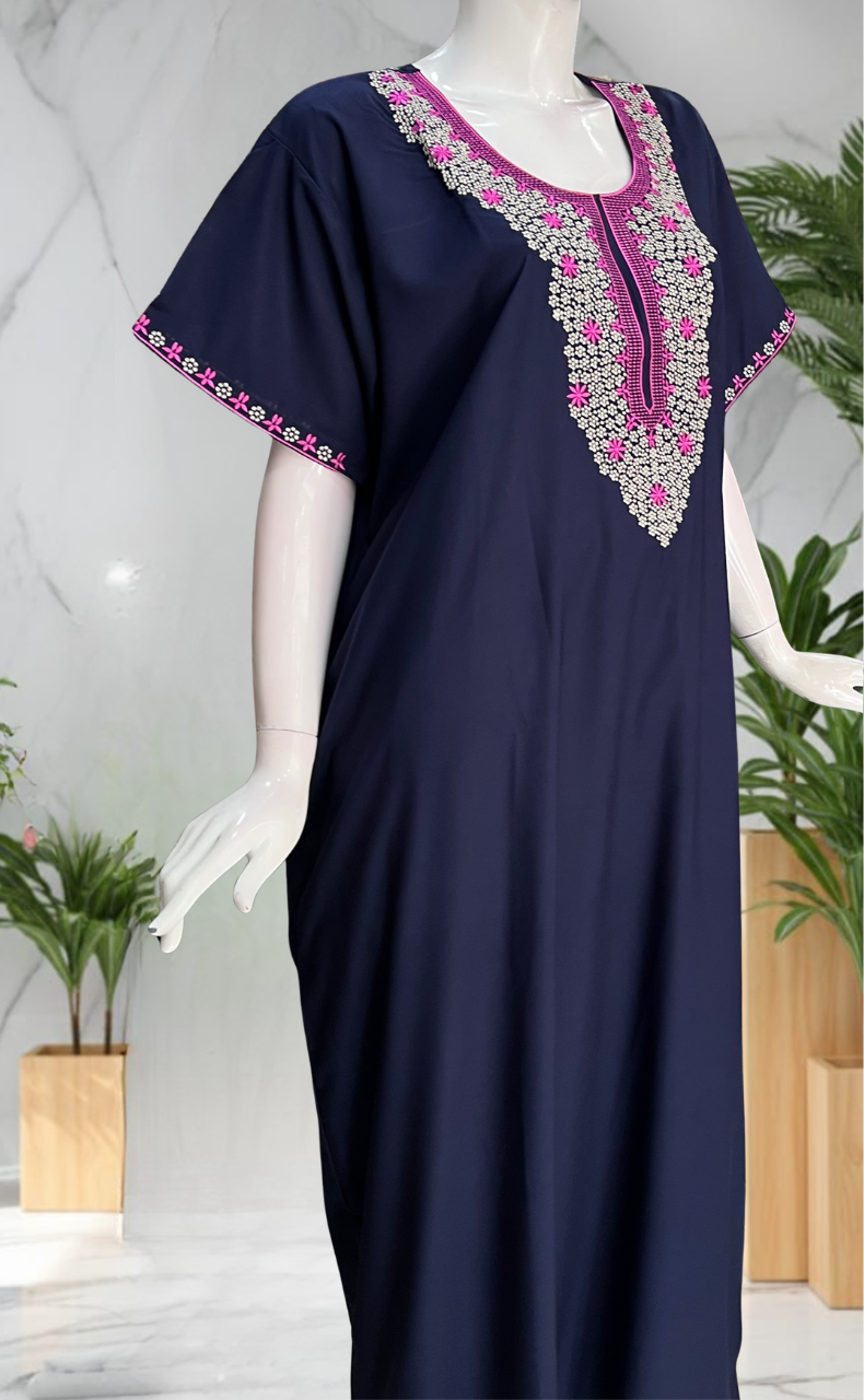 Navy Blue Embroidery Soft Cotton Nighty. Soft Breathable Fabric | Laces and Frills