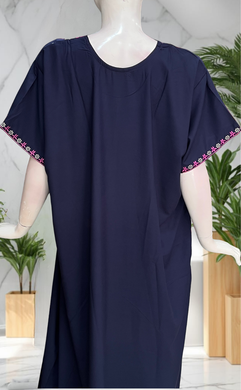 Navy Blue Embroidery Soft Cotton Nighty. Soft Breathable Fabric | Laces and Frills