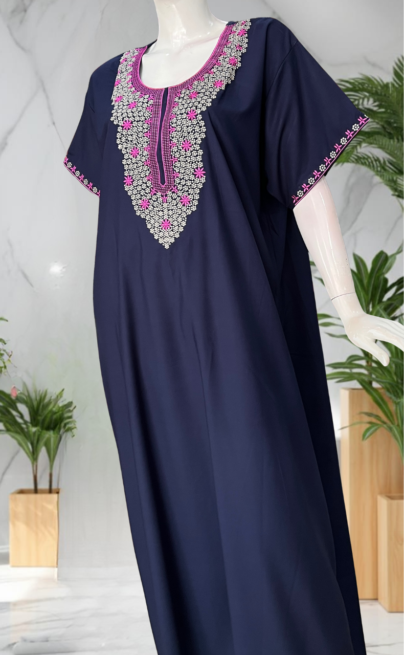 Navy Blue Embroidery Soft Cotton Nighty. Soft Breathable Fabric | Laces and Frills