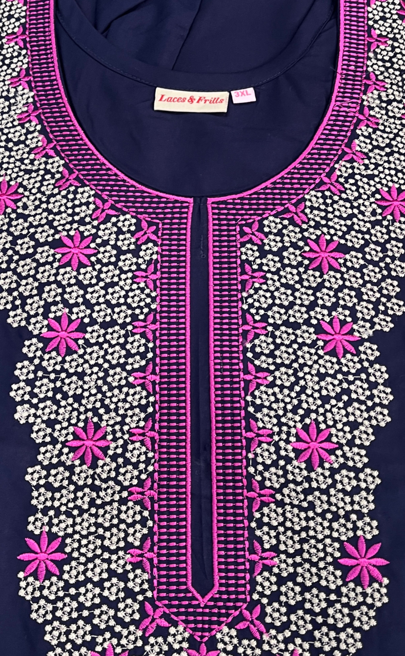 Navy Blue Embroidery Soft Cotton Nighty. Soft Breathable Fabric | Laces and Frills