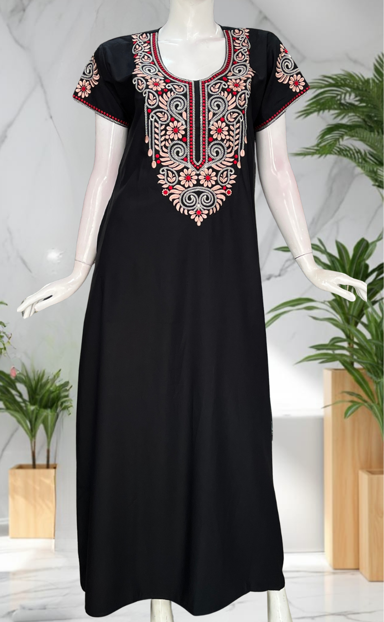 Black Embroidery Soft Cotton Nighty. Soft Breathable Fabric | Laces and Frills