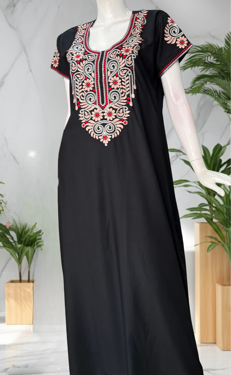 Black Embroidery Soft Cotton Nighty. Soft Breathable Fabric | Laces and Frills