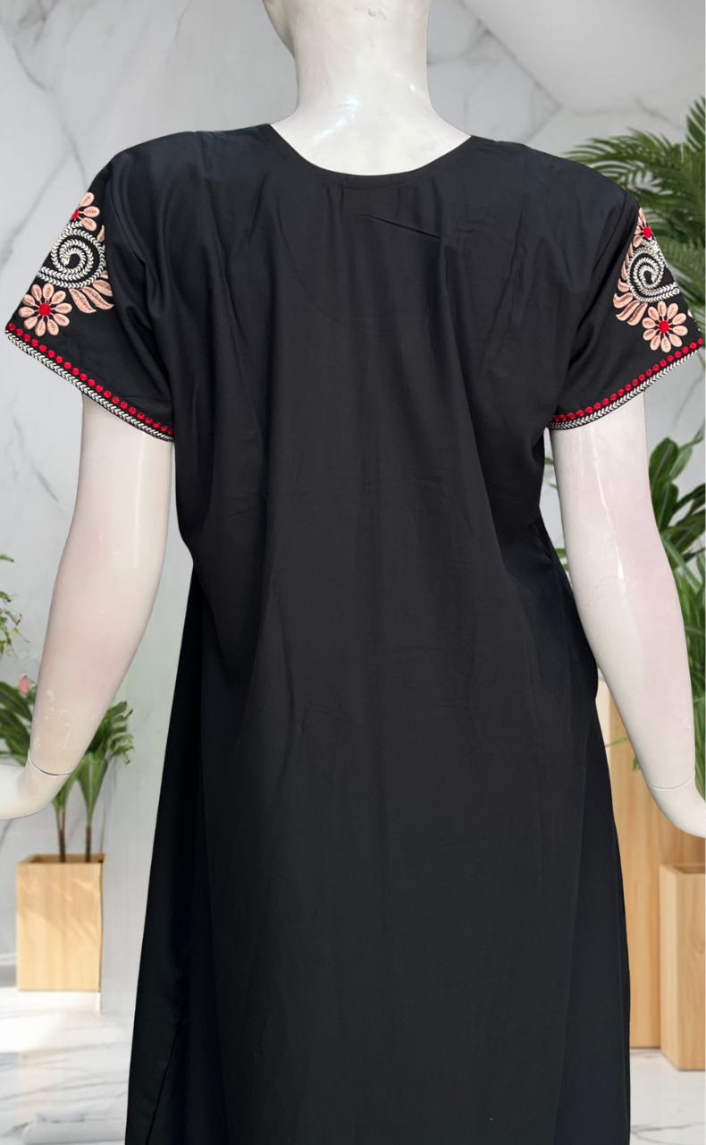Black Embroidery Soft Cotton Nighty. Soft Breathable Fabric | Laces and Frills