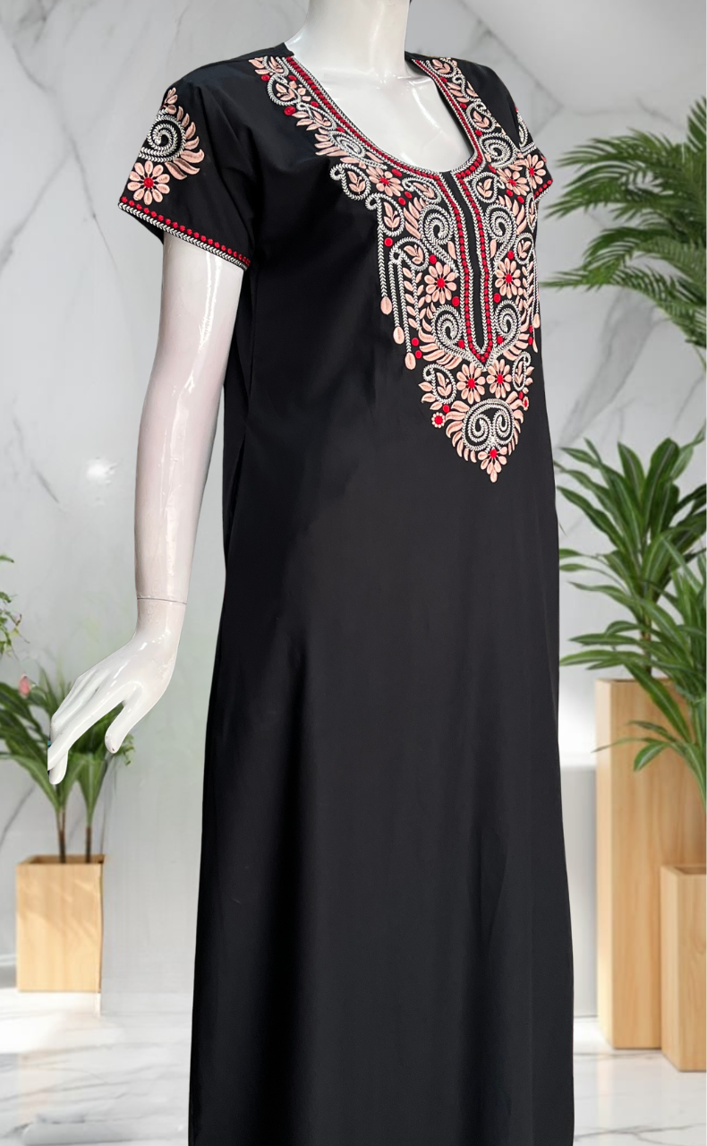 Black Embroidery Soft Cotton Nighty. Soft Breathable Fabric | Laces and Frills