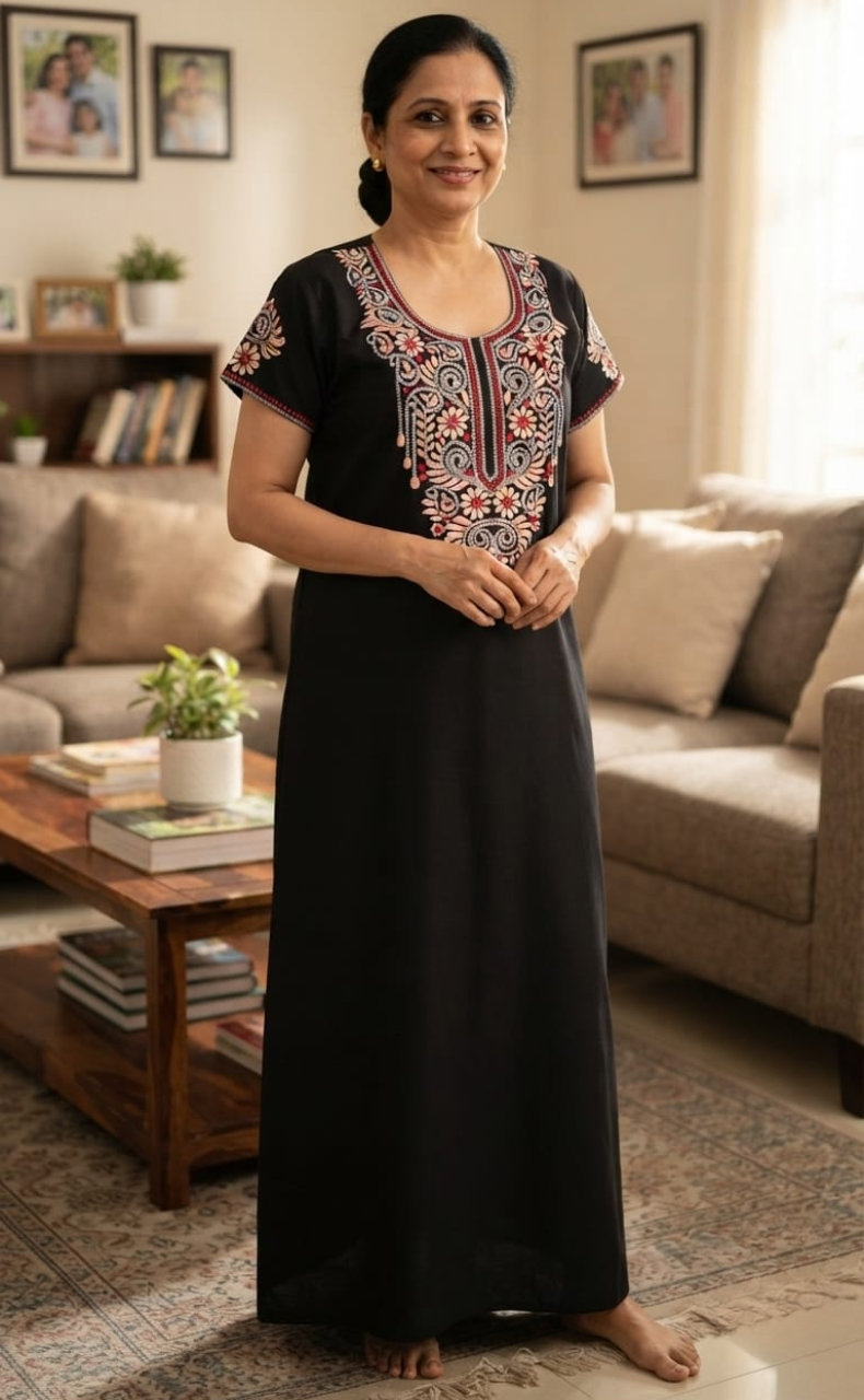 Black Embroidery Soft Cotton Nighty. Soft Breathable Fabric | Laces and Frills