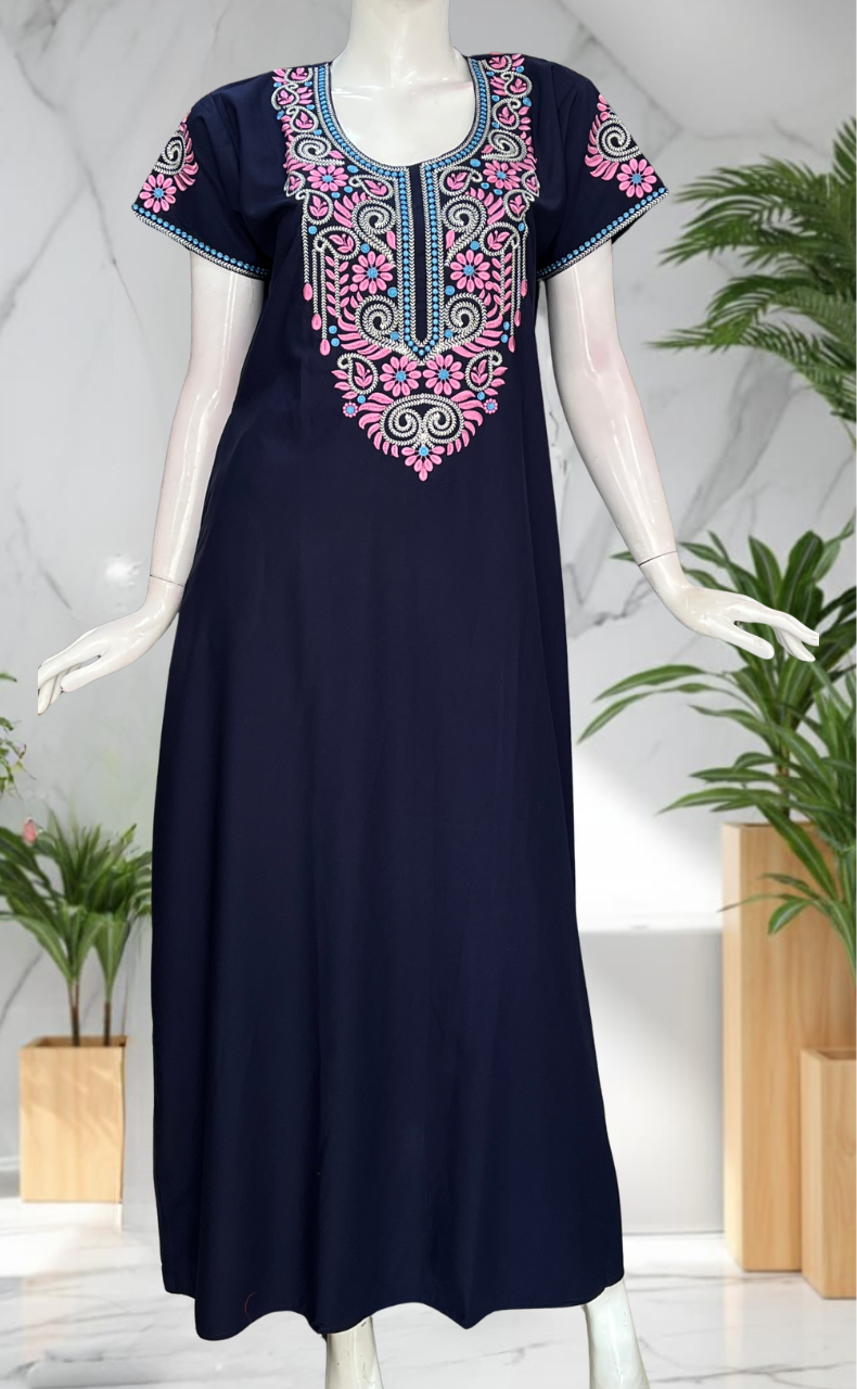 Navy Blue Embroidery Soft Cotton Nighty. Soft Breathable Fabric | Laces and Frills