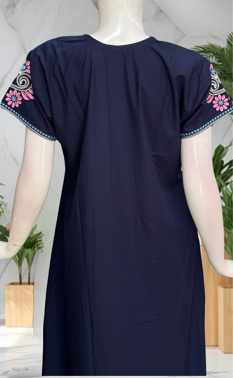 Navy Blue Embroidery Soft Cotton Nighty. Soft Breathable Fabric | Laces and Frills