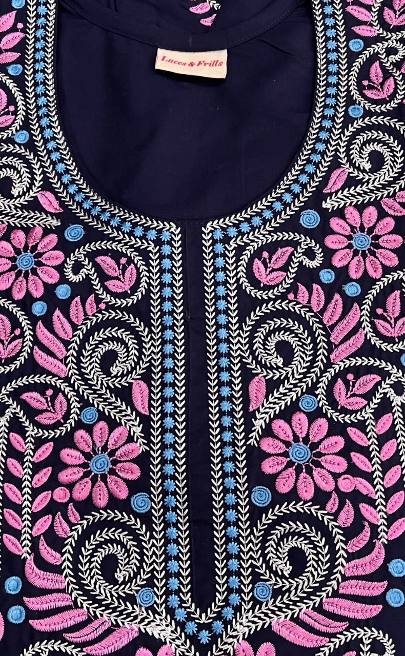 Navy Blue Embroidery Soft Cotton Nighty. Soft Breathable Fabric | Laces and Frills