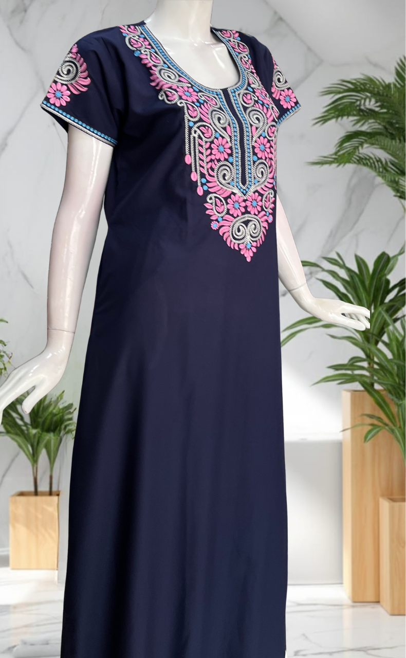 Navy Blue Embroidery Soft Cotton Nighty. Soft Breathable Fabric | Laces and Frills