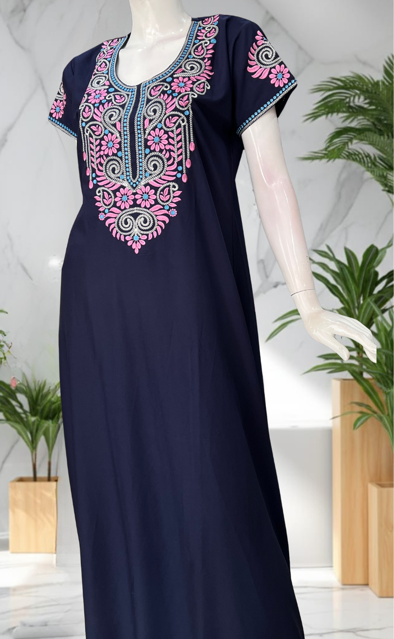 Navy Blue Embroidery Soft Cotton Nighty. Soft Breathable Fabric | Laces and Frills