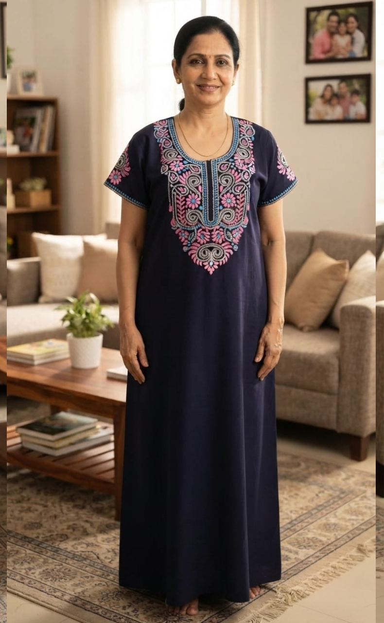 Navy Blue Embroidery Soft Cotton Nighty. Soft Breathable Fabric | Laces and Frills