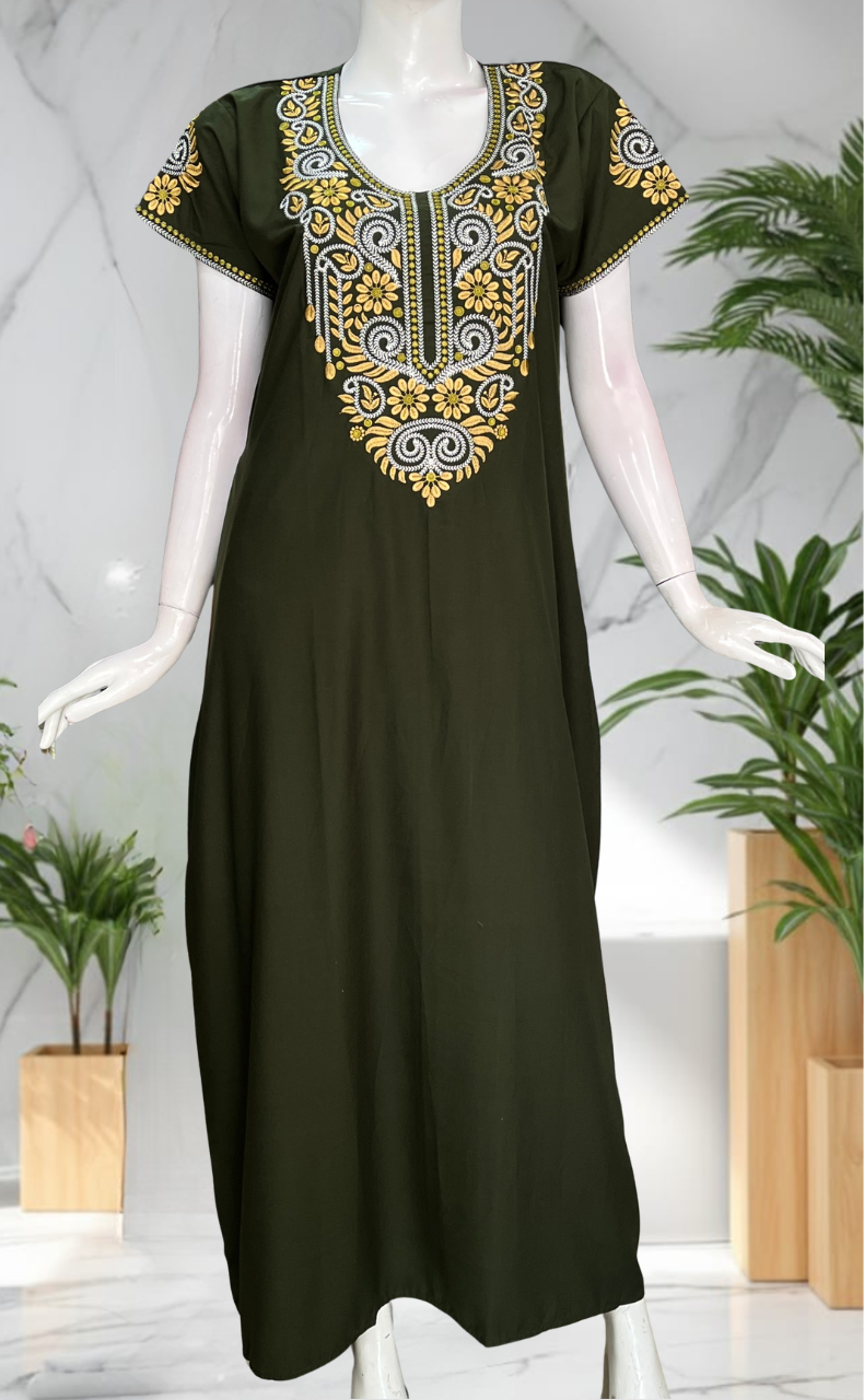 Mehndi Green Embroidery Soft Cotton Nighty. Soft Breathable Fabric | Laces and Frills