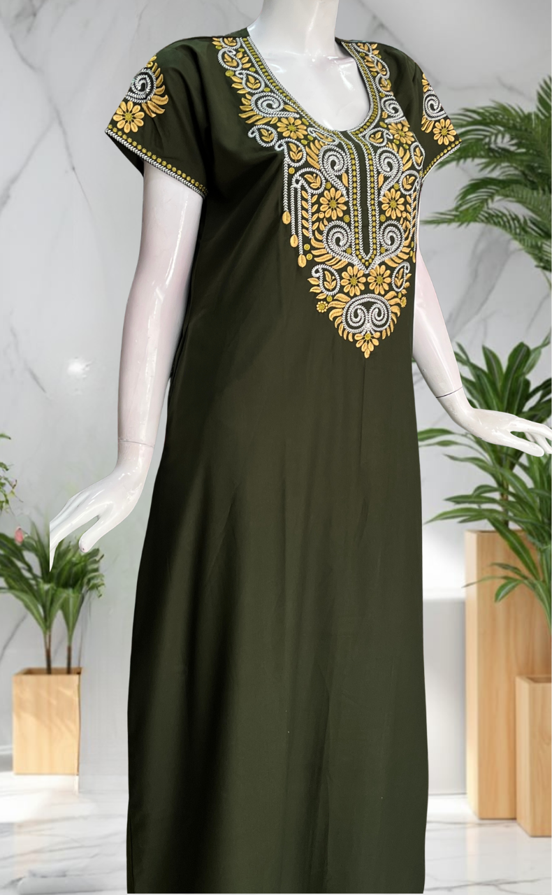 Mehndi Green Embroidery Soft Cotton Nighty. Soft Breathable Fabric | Laces and Frills