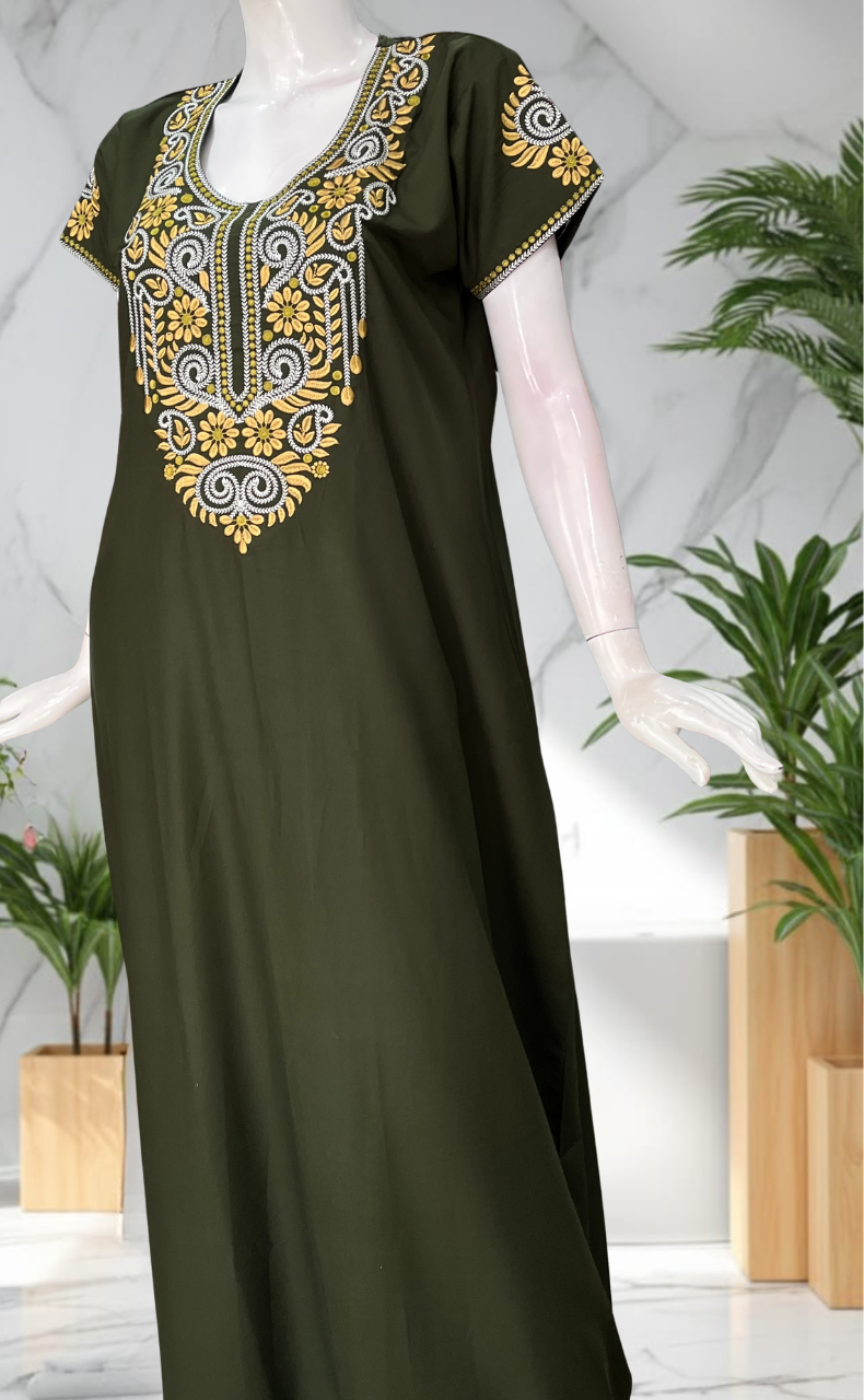Mehndi Green Embroidery Soft Cotton Nighty. Soft Breathable Fabric | Laces and Frills