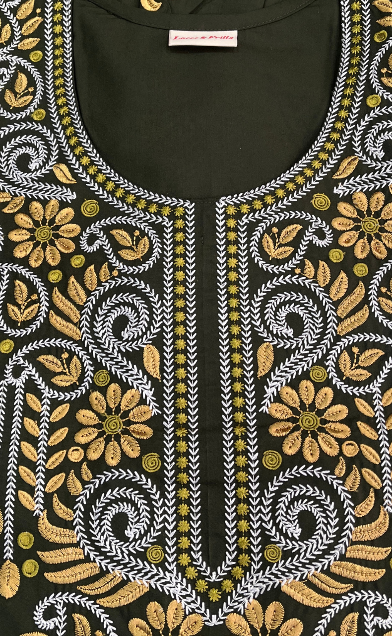 Mehndi Green Embroidery Soft Cotton Nighty. Soft Breathable Fabric | Laces and Frills