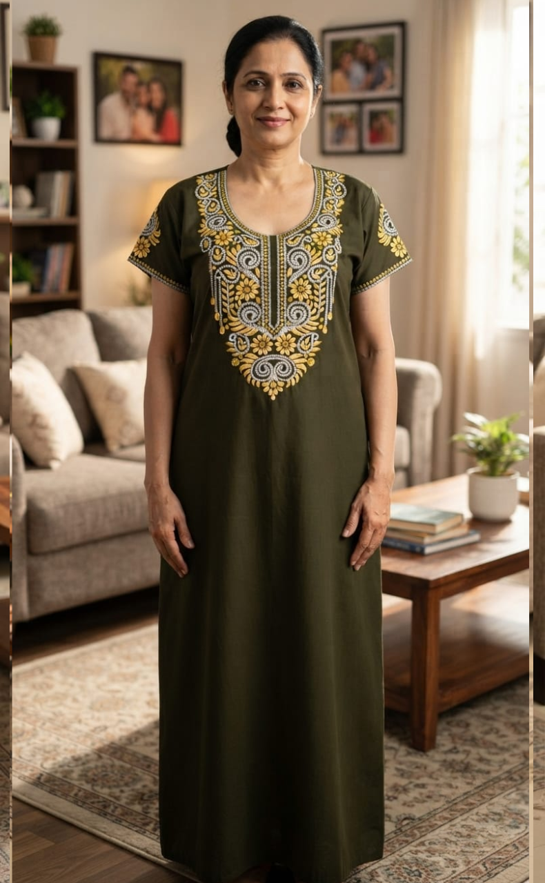Mehndi Green Embroidery Soft Cotton Nighty. Soft Breathable Fabric | Laces and Frills