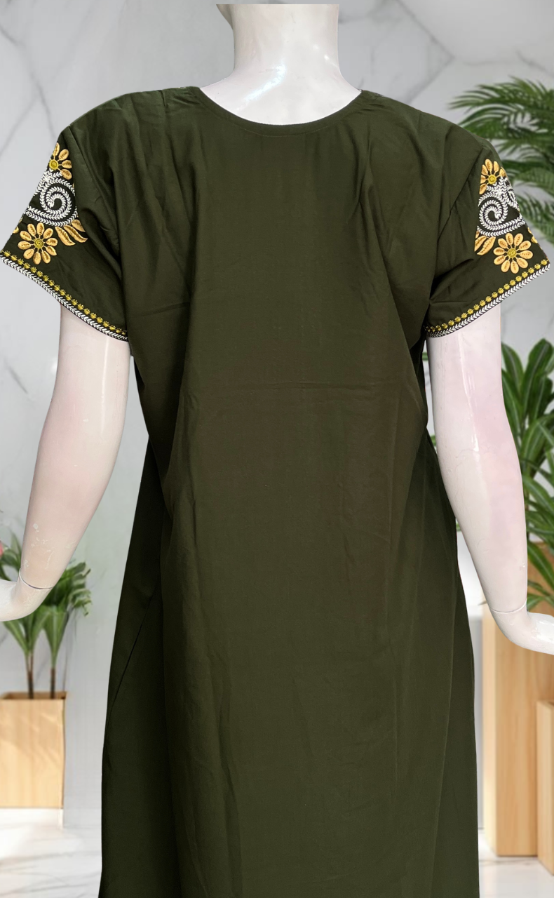 Mehndi Green Embroidery Soft Cotton Nighty. Soft Breathable Fabric | Laces and Frills