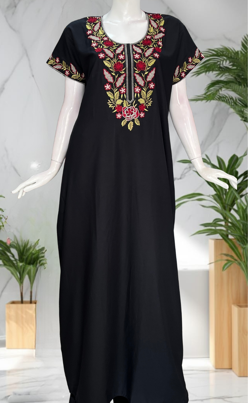Black Embroidery Soft Cotton Nighty. Soft Breathable Fabric | Laces and Frills
