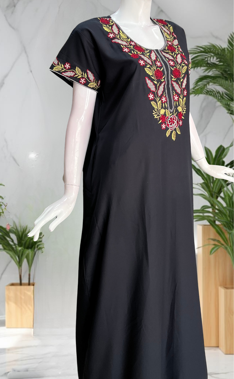 Black Embroidery Soft Cotton Nighty. Soft Breathable Fabric | Laces and Frills