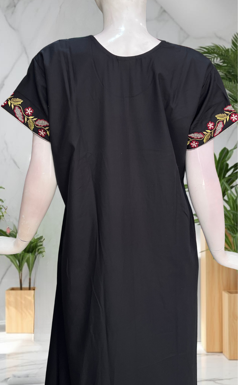 Black Embroidery Soft Cotton Nighty. Soft Breathable Fabric | Laces and Frills