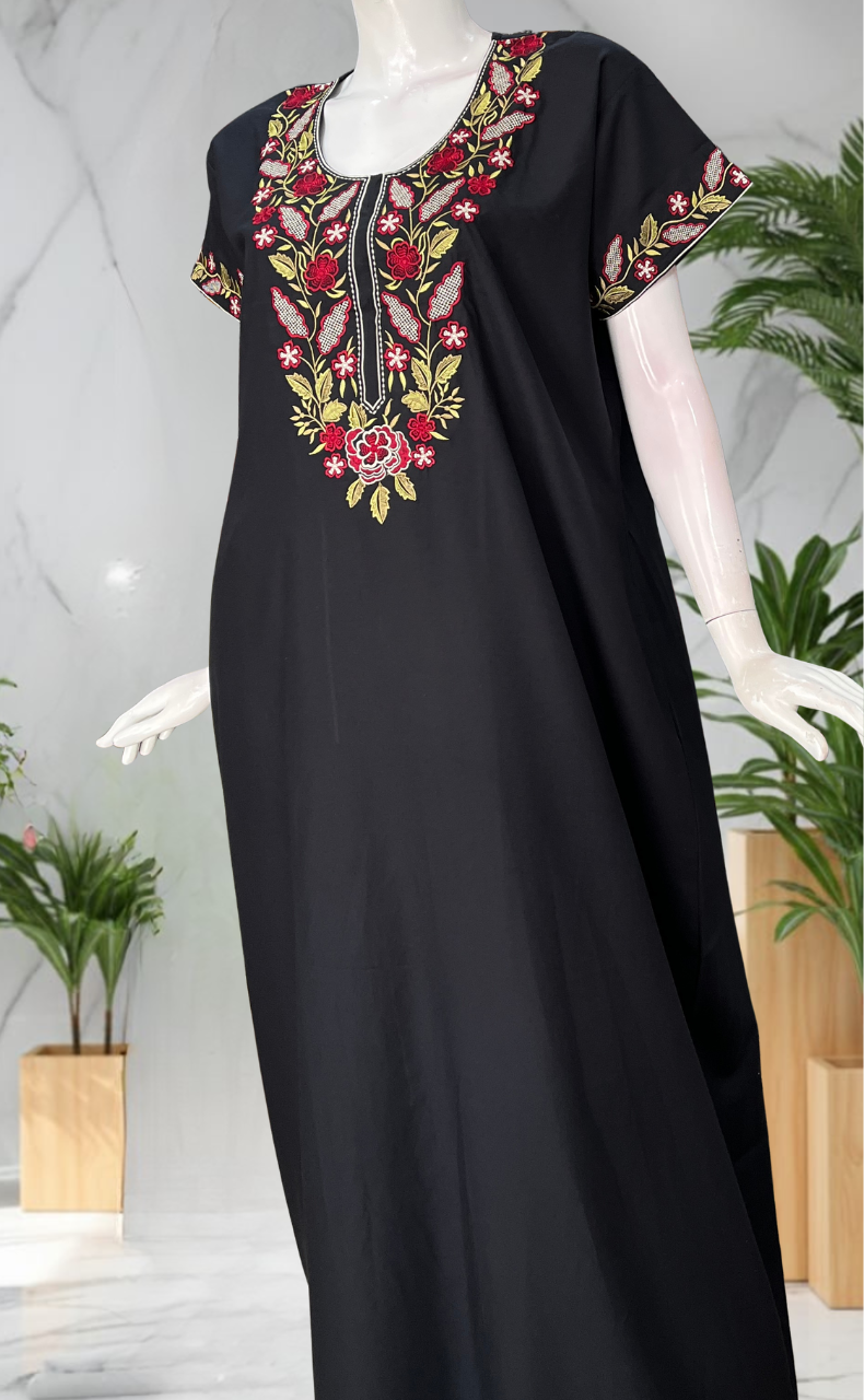 Black Embroidery Soft Cotton Nighty. Soft Breathable Fabric | Laces and Frills