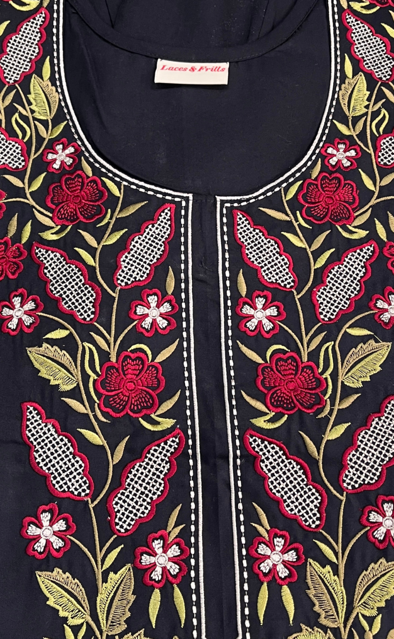 Black Embroidery Soft Cotton Nighty. Soft Breathable Fabric | Laces and Frills