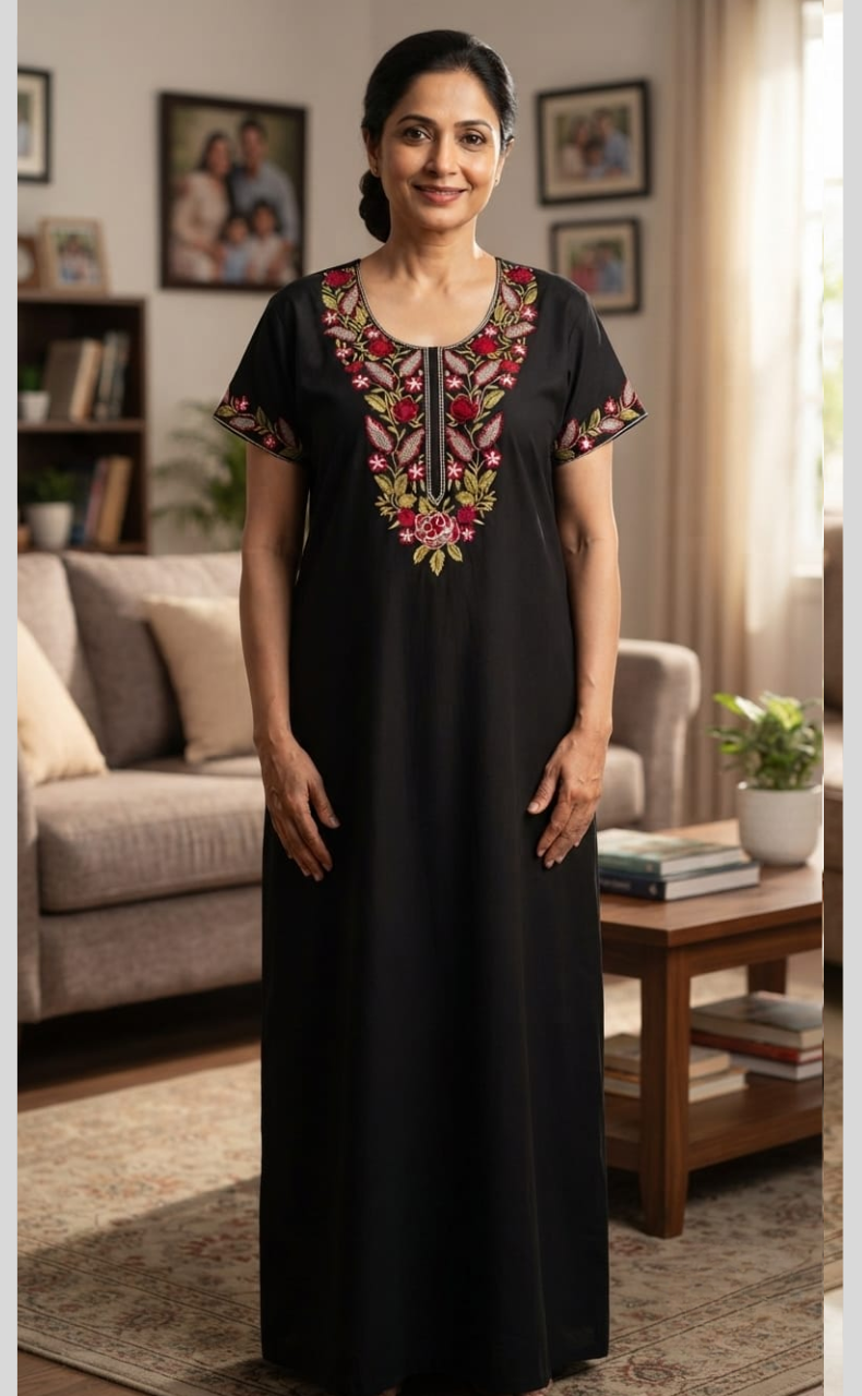 Black Embroidery Soft Cotton Nighty. Soft Breathable Fabric | Laces and Frills