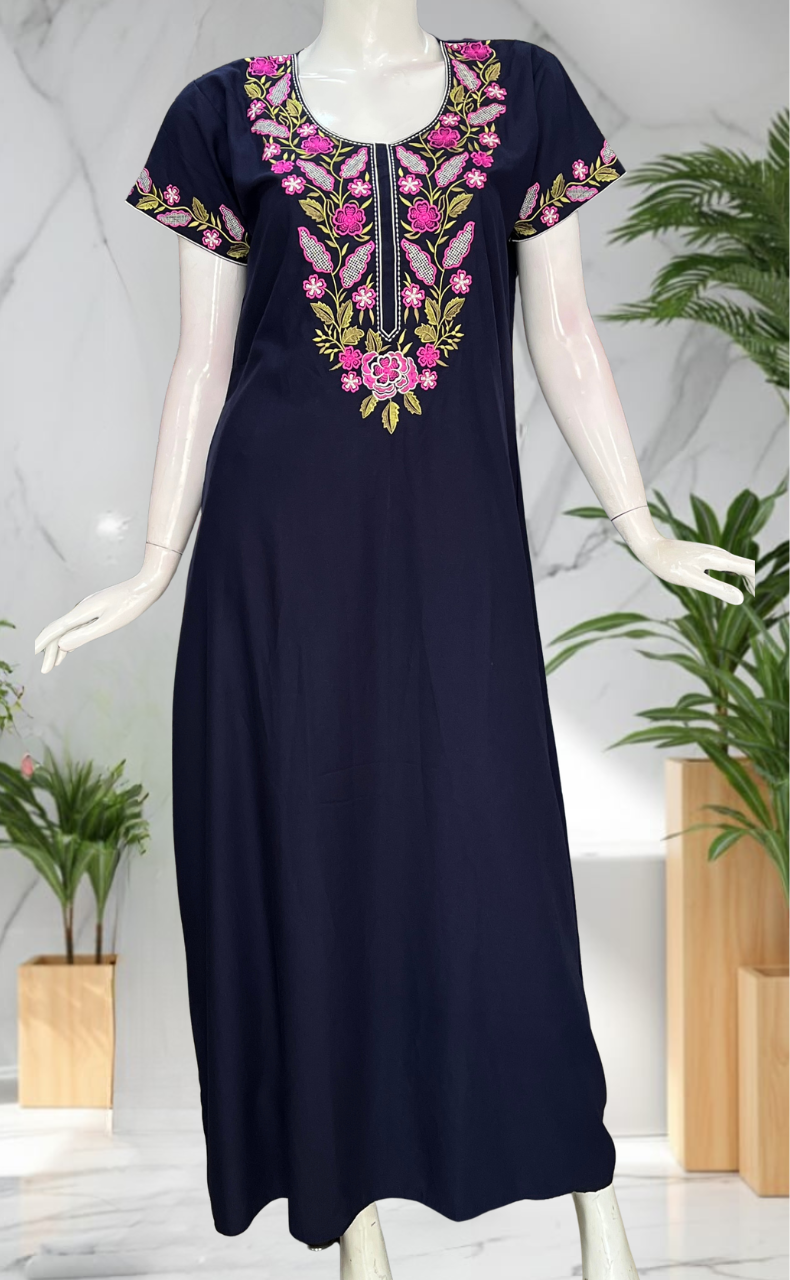 Navy Blue Embroidery Soft Cotton Nighty. Soft Breathable Fabric | Laces and Frills