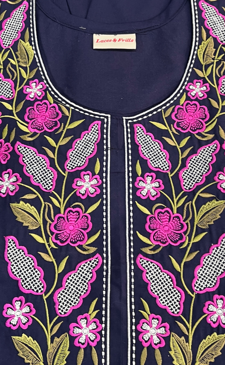 Navy Blue Embroidery Soft Cotton Nighty. Soft Breathable Fabric | Laces and Frills