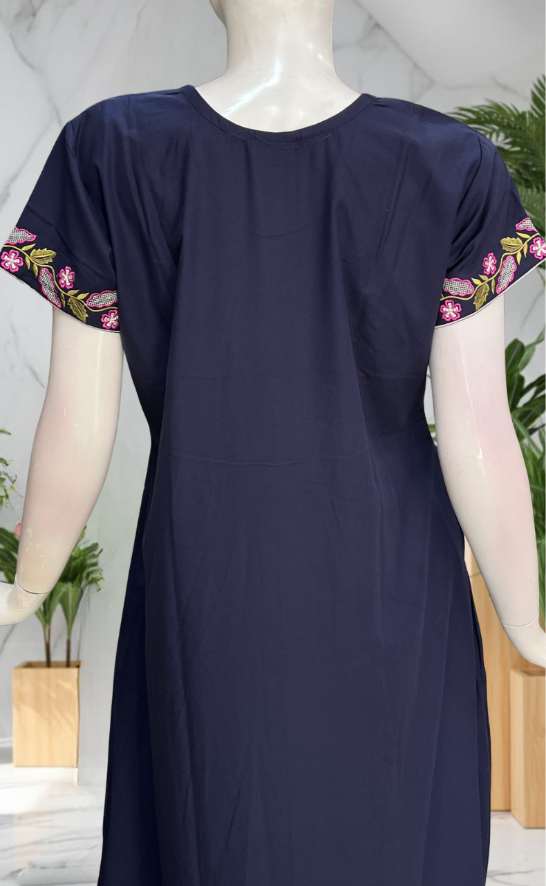 Navy Blue Embroidery Soft Cotton Nighty. Soft Breathable Fabric | Laces and Frills