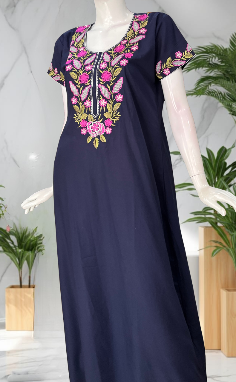 Navy Blue Embroidery Soft Cotton Nighty. Soft Breathable Fabric | Laces and Frills